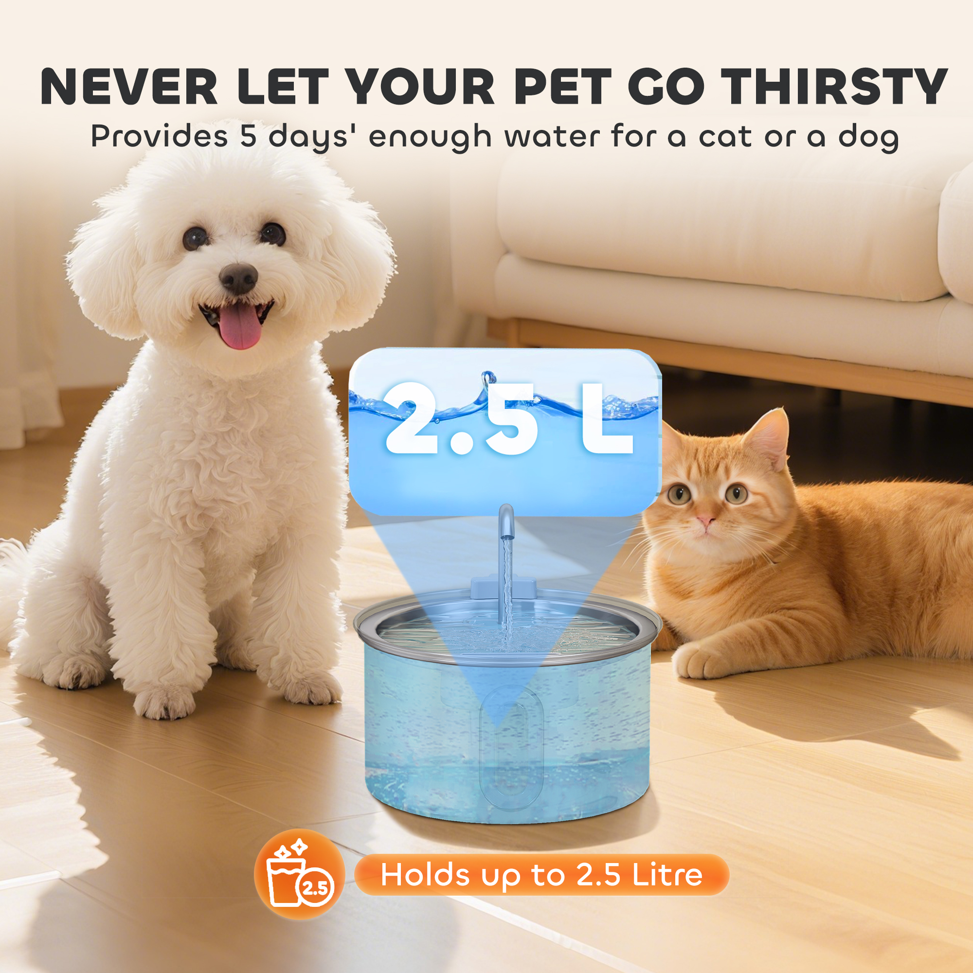 2.5L Stainless Steel Cat Water Fountain