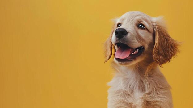 ai generated white and brown dog standing in front of yellow background free photo